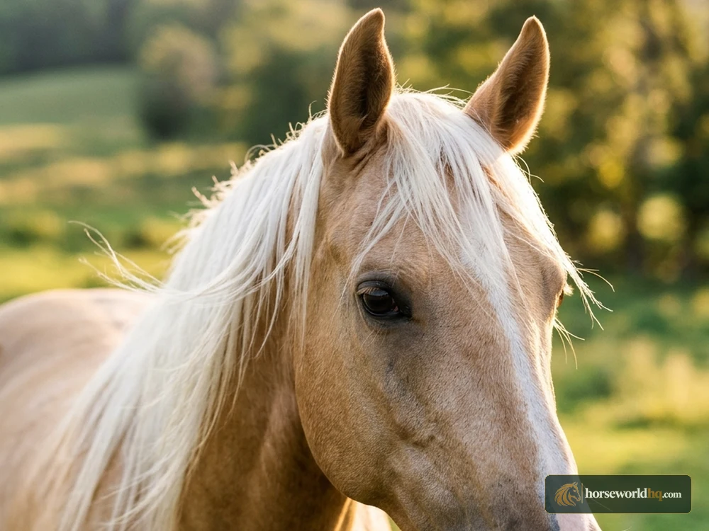 Close up portrait of a golden Palomino horse with white flaxen mane and gentle eyes